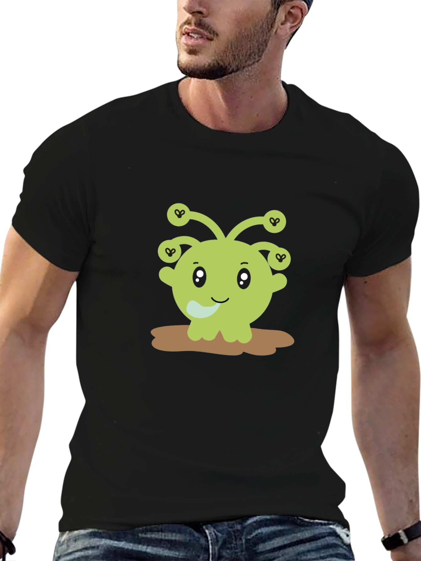 Cute Alien Cartoon Graphic Print Black T-Shirt