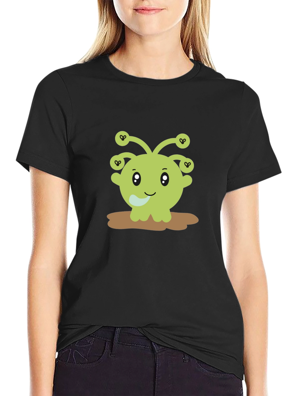 Cute Alien Cartoon Graphic Print Black T-Shirt