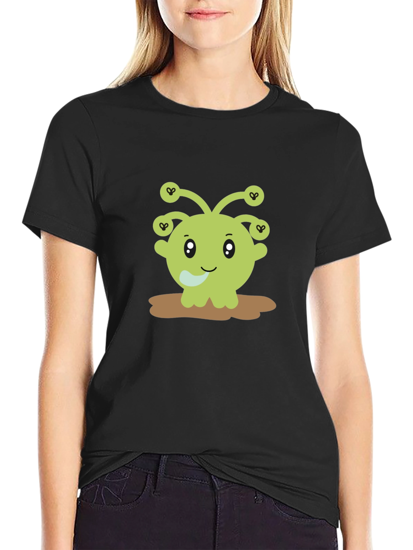 Cute Alien Cartoon Graphic Print Black T-Shirt