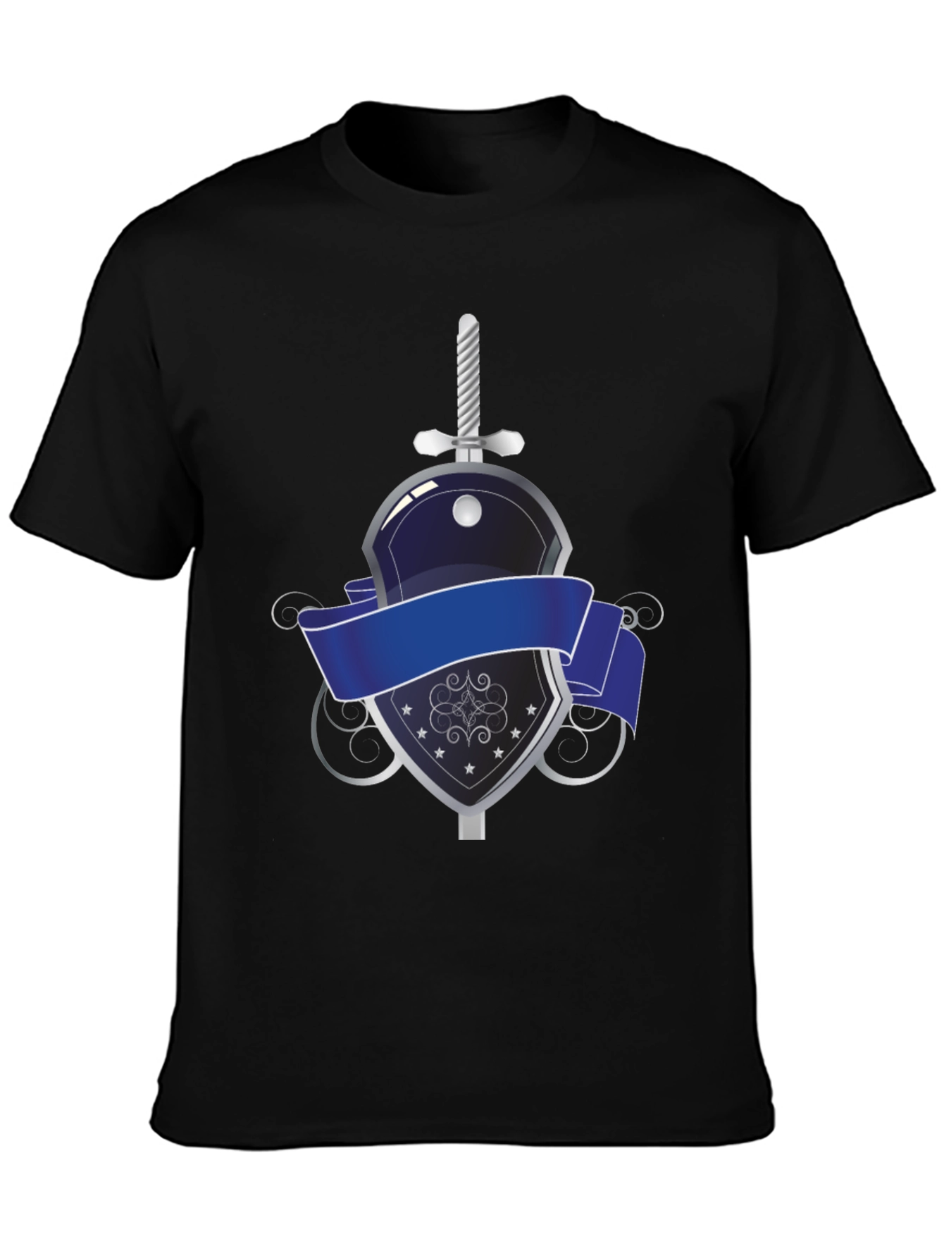 Knight Emblem Black T-Shirt: Sword and Shield Graphic Tee