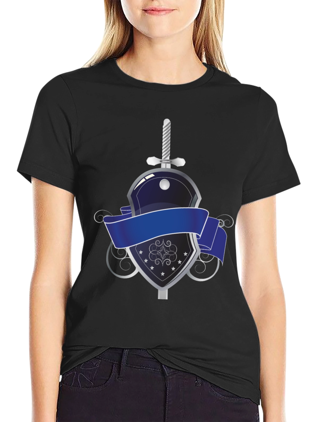 Knight Emblem Black T-Shirt: Sword and Shield Graphic Tee