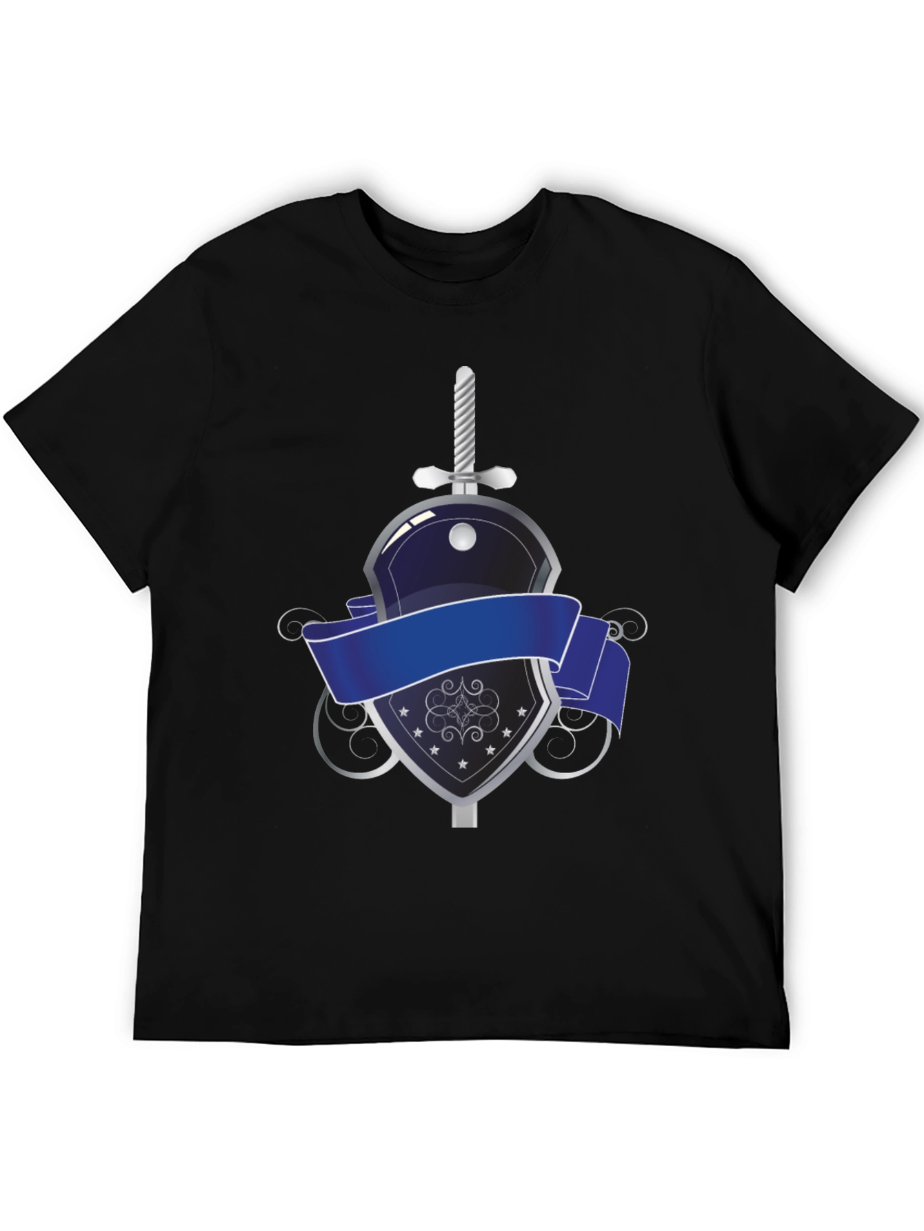 Knight Emblem Black T-Shirt: Sword and Shield Graphic Tee