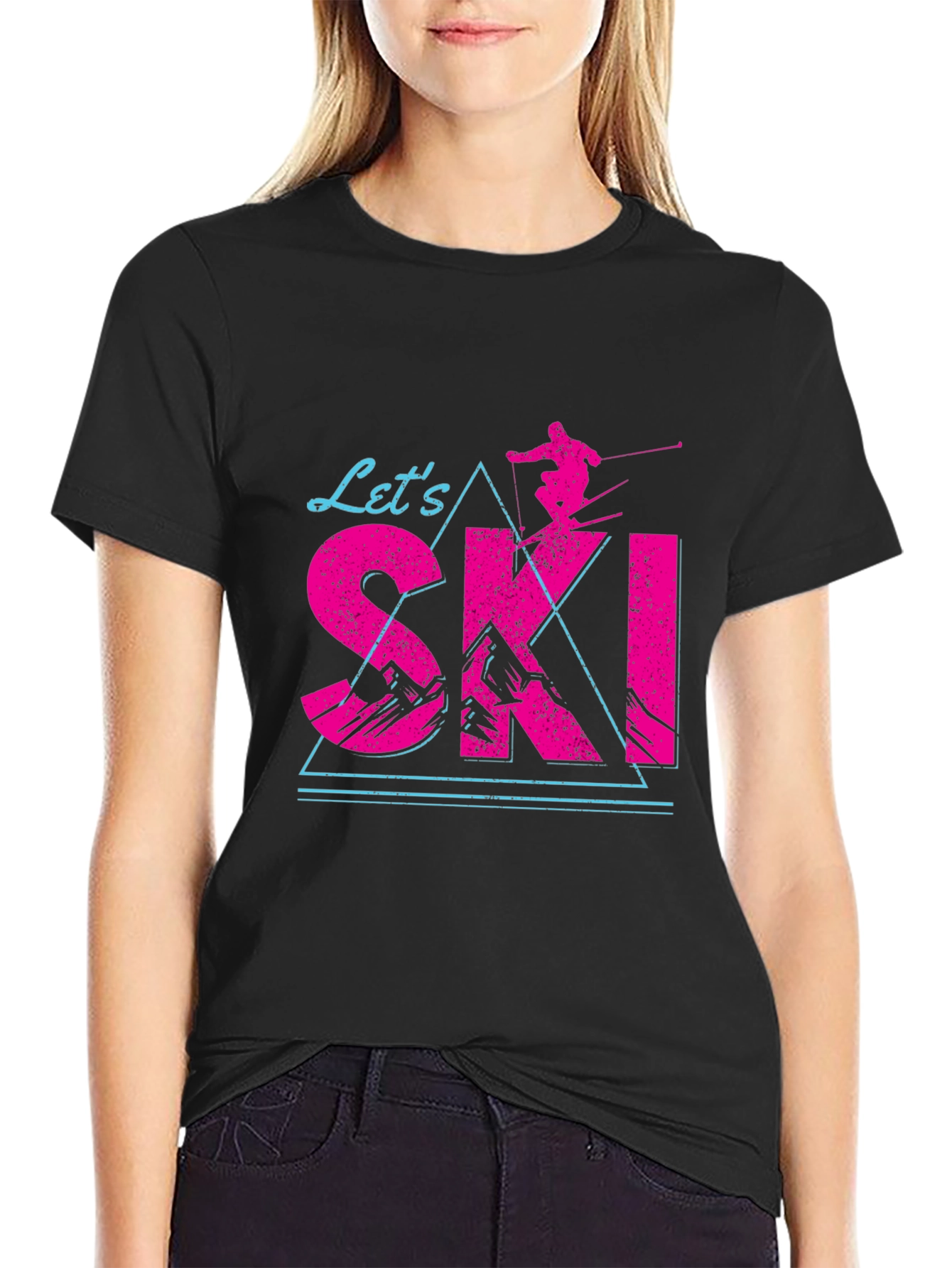 Lets Ski T-Shirt Black Cotton Blend Retro Design