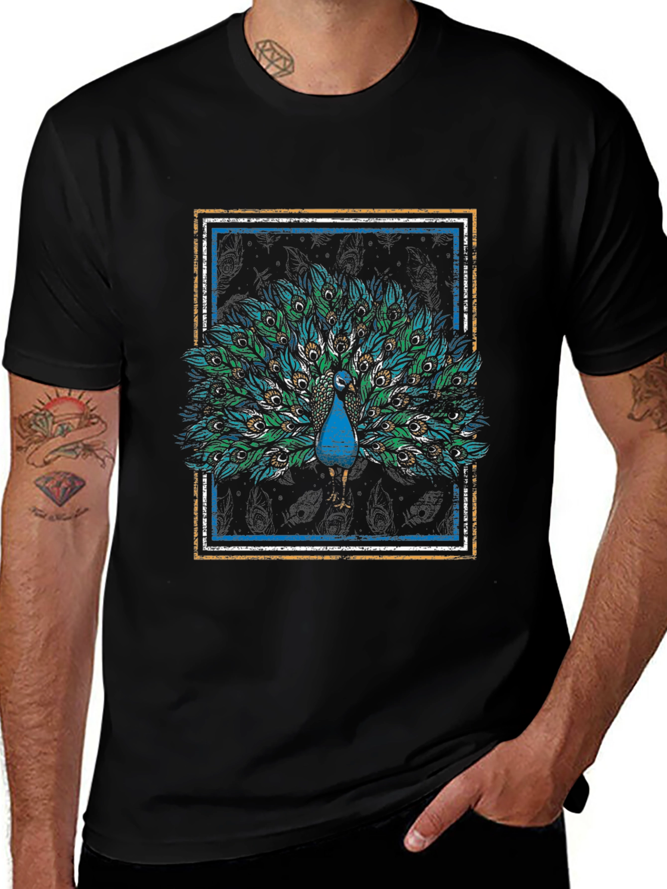 Peacock Graphic Tee - Stylish Mens Black T-Shirt
