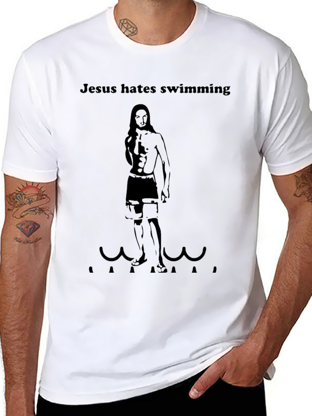 Jesus Hates Swimming Funny Graphic Tee