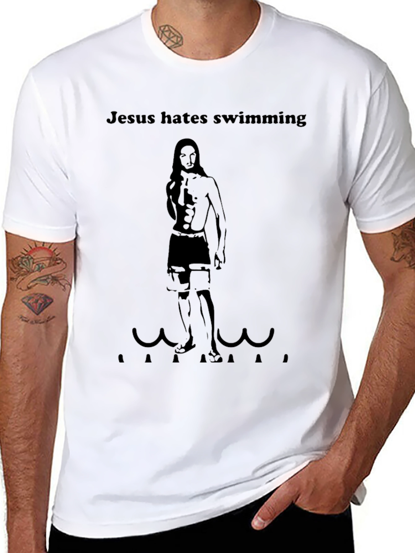 Jesus Hates Swimming Funny Graphic Tee