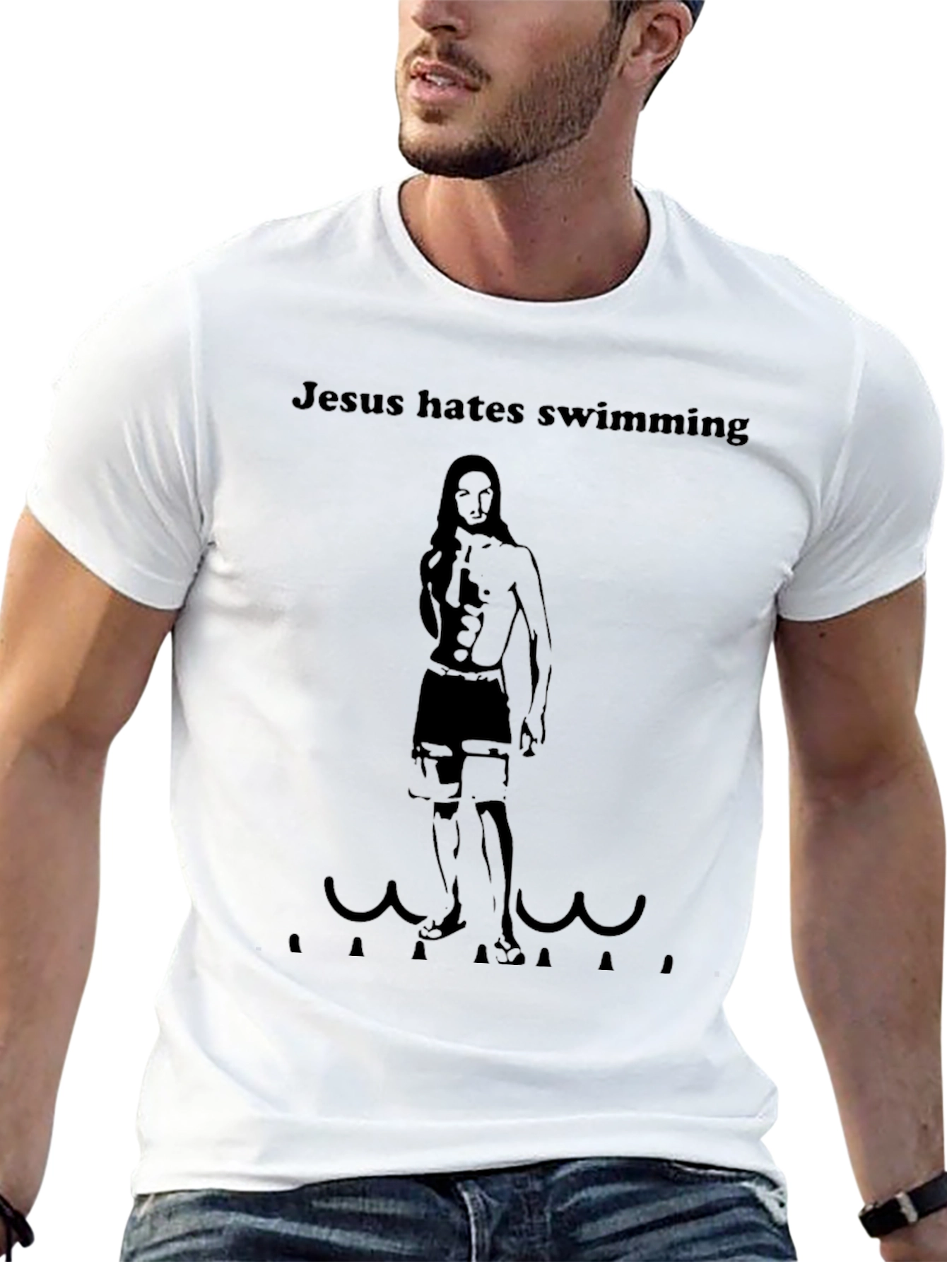 Jesus Hates Swimming Funny Graphic Tee