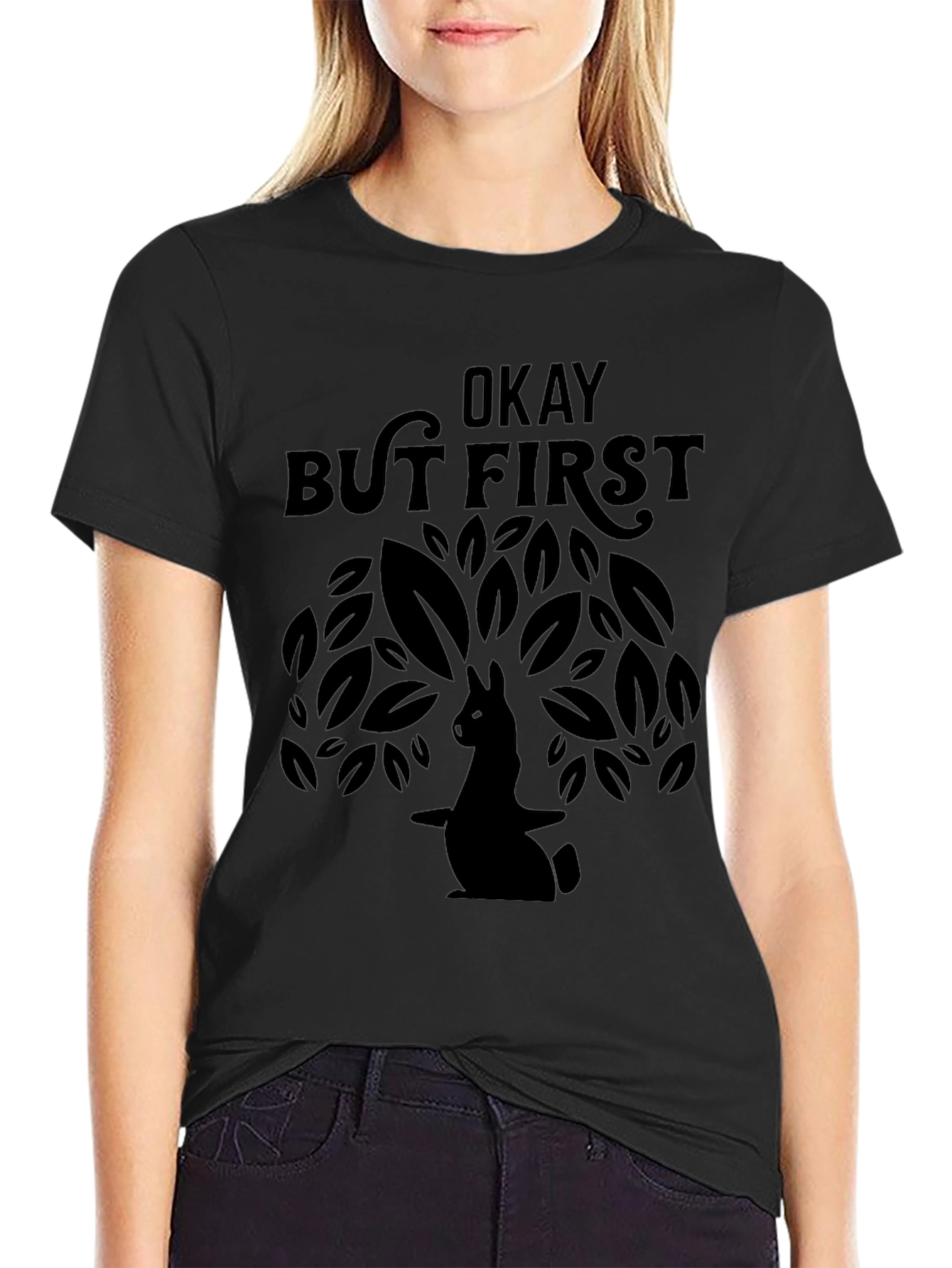 Okay But First Rabbit Tree Graphic Tee - Black