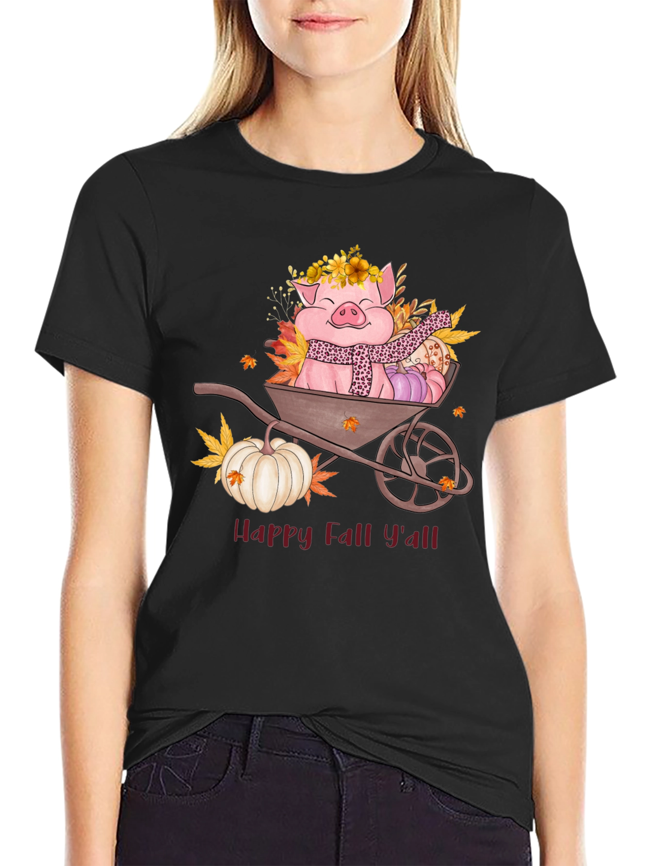 Happy Fall Yall Pig Wheelbarrow Graphic Tee