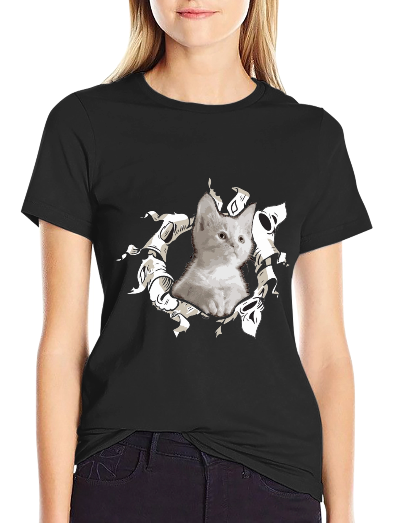 Cute Kitten Graphic Black T-Shirt