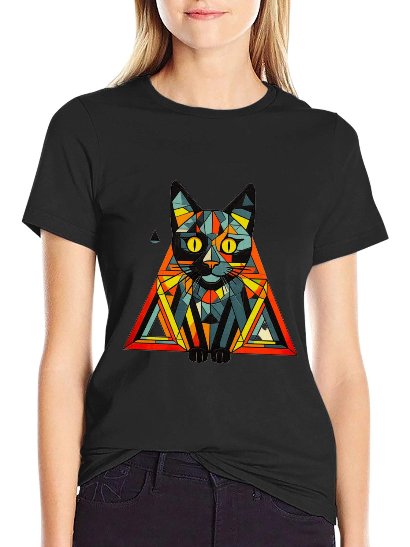Geometric Cat Graphic Tee - Modern Artistic Design