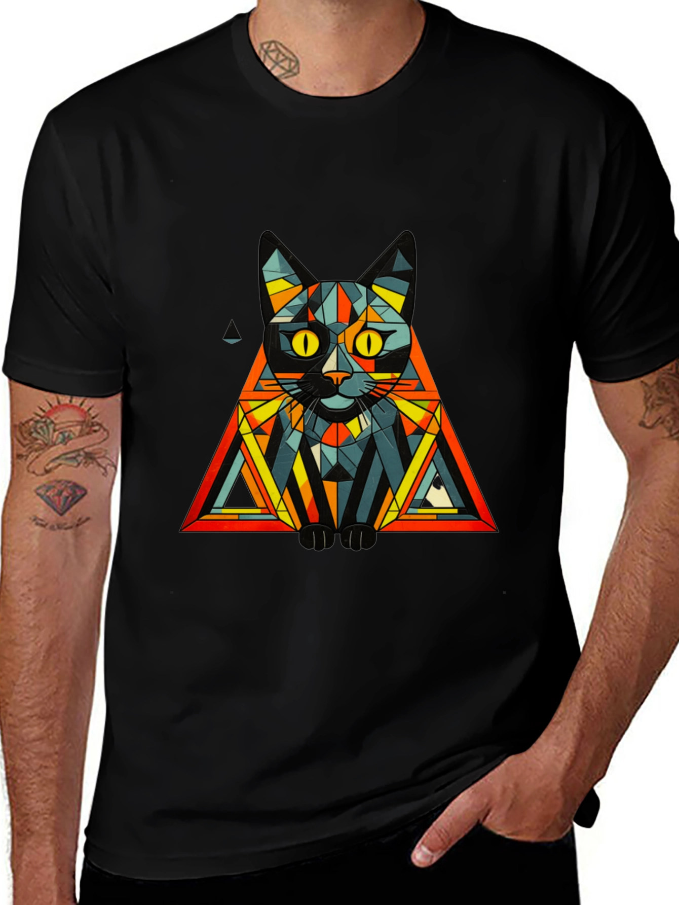 Geometric Cat Graphic Tee - Modern Artistic Design