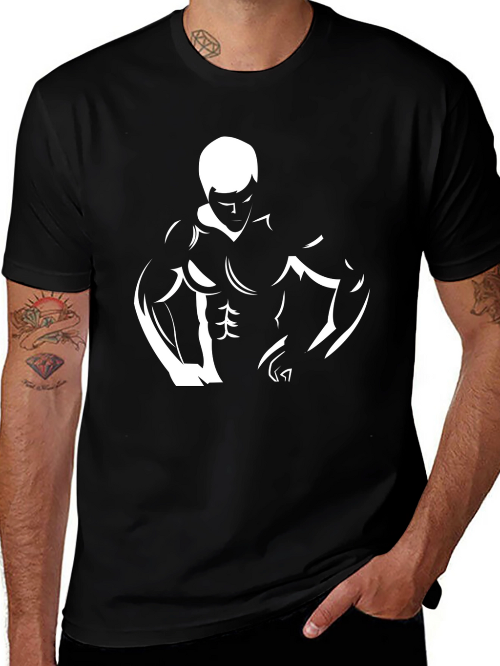 Mens Black Graphic Tee - Bodybuilder Design
