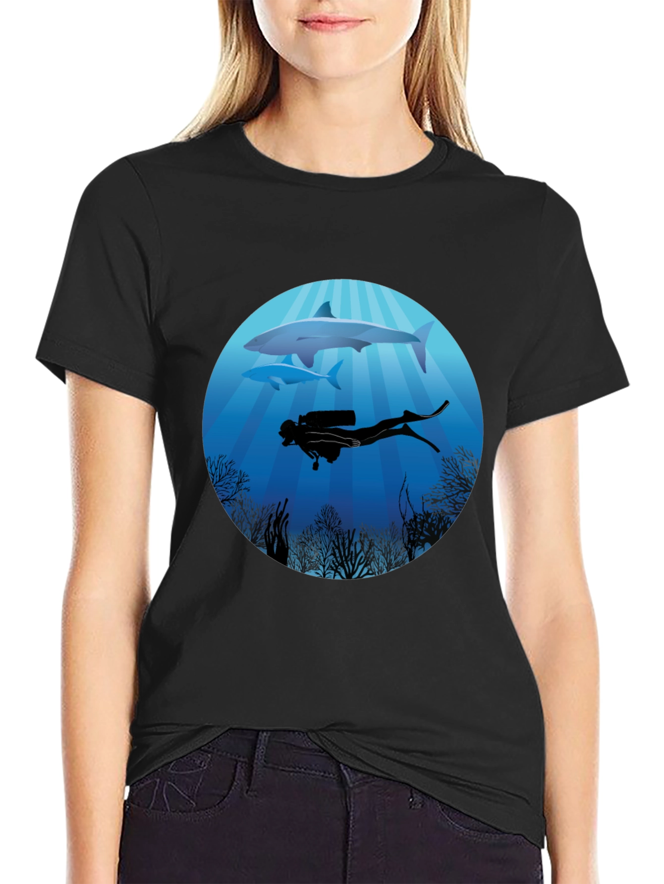 Diver & Shark Graphic Tee - Ocean Adventure Shirt