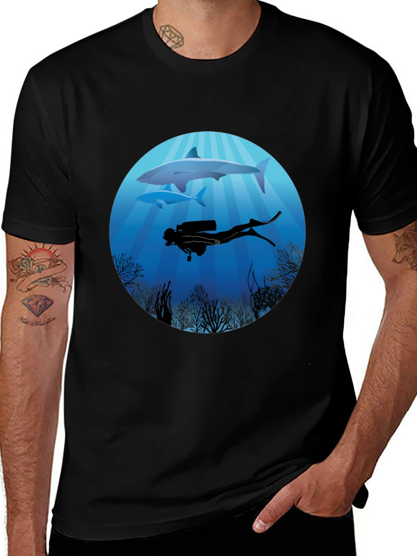 Diver & Shark Graphic Tee - Ocean Adventure Shirt