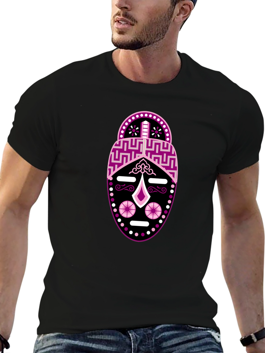 Black T-Shirt with Abstract Mask Design
