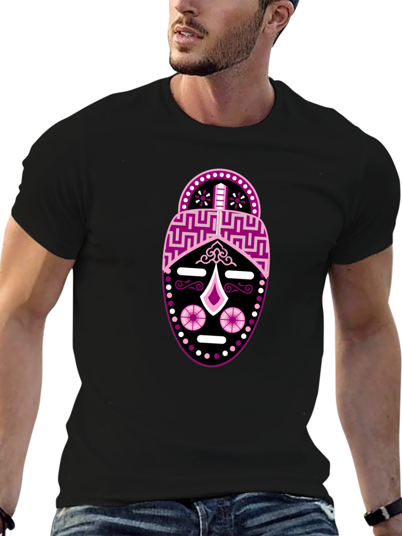 Black T-Shirt with Abstract Mask Design