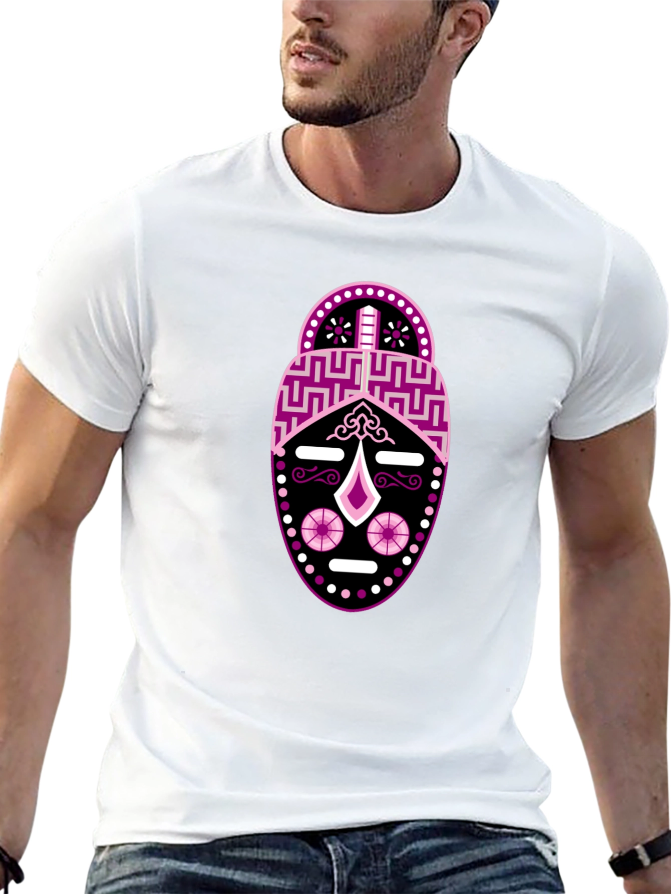 Black T-Shirt with Abstract Mask Design