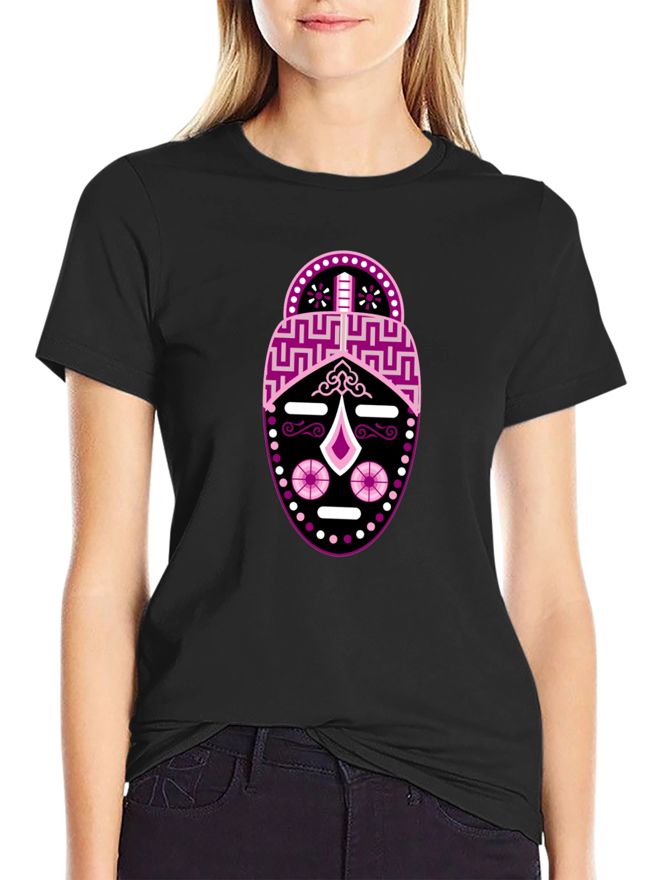 Black T-Shirt with Abstract Mask Design