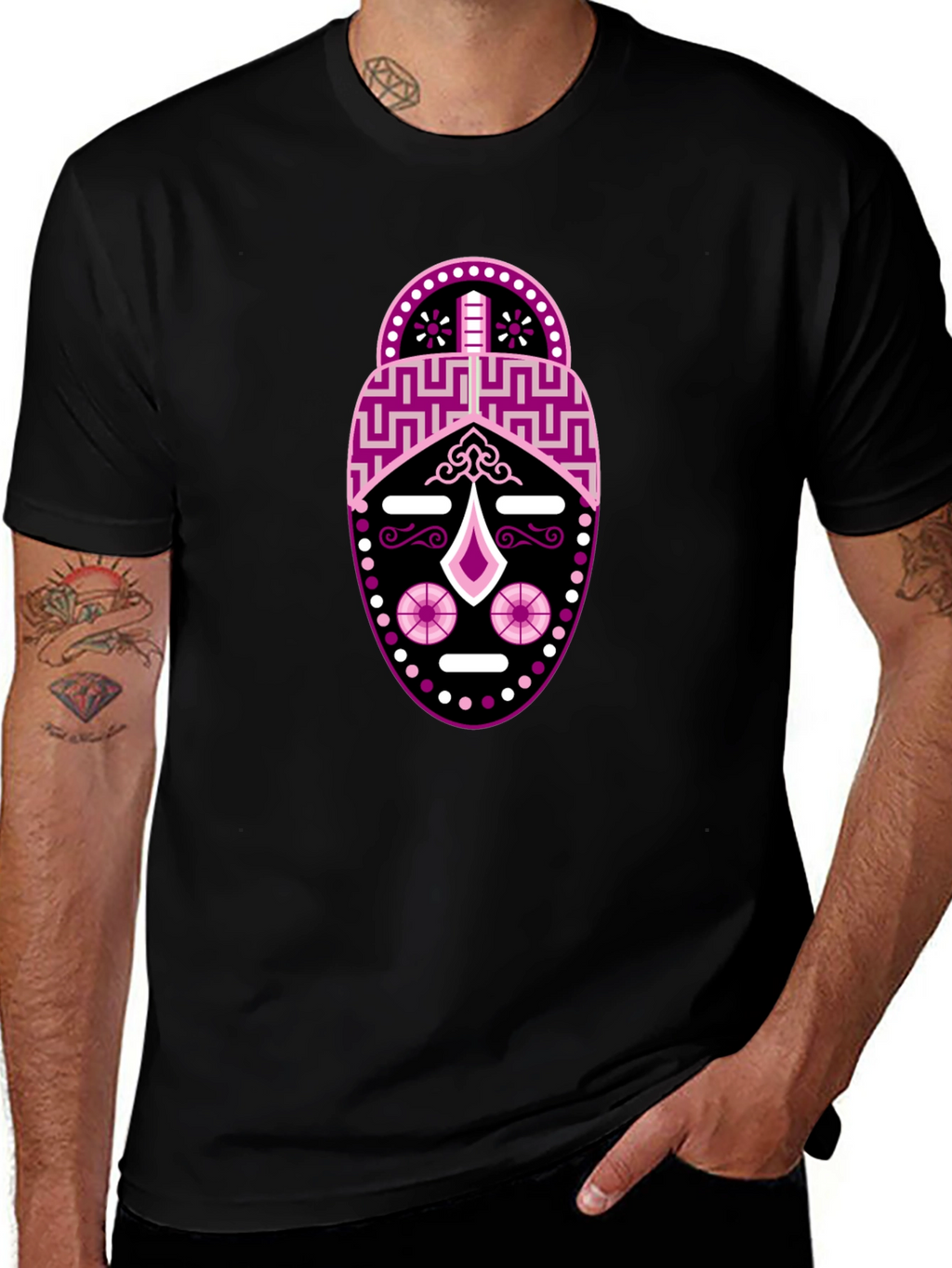 Black T-Shirt with Abstract Mask Design