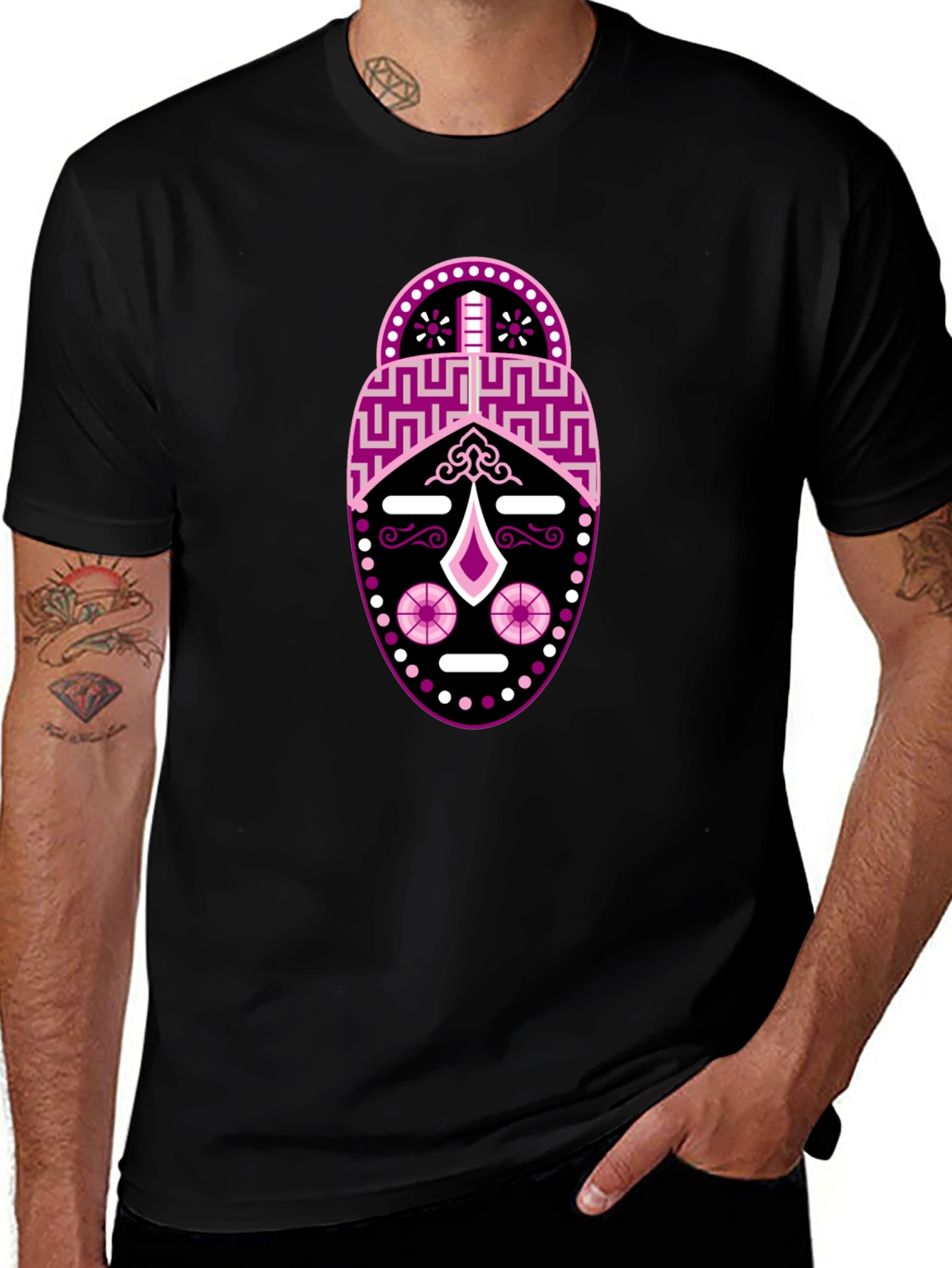 Black T-Shirt with Abstract Mask Design