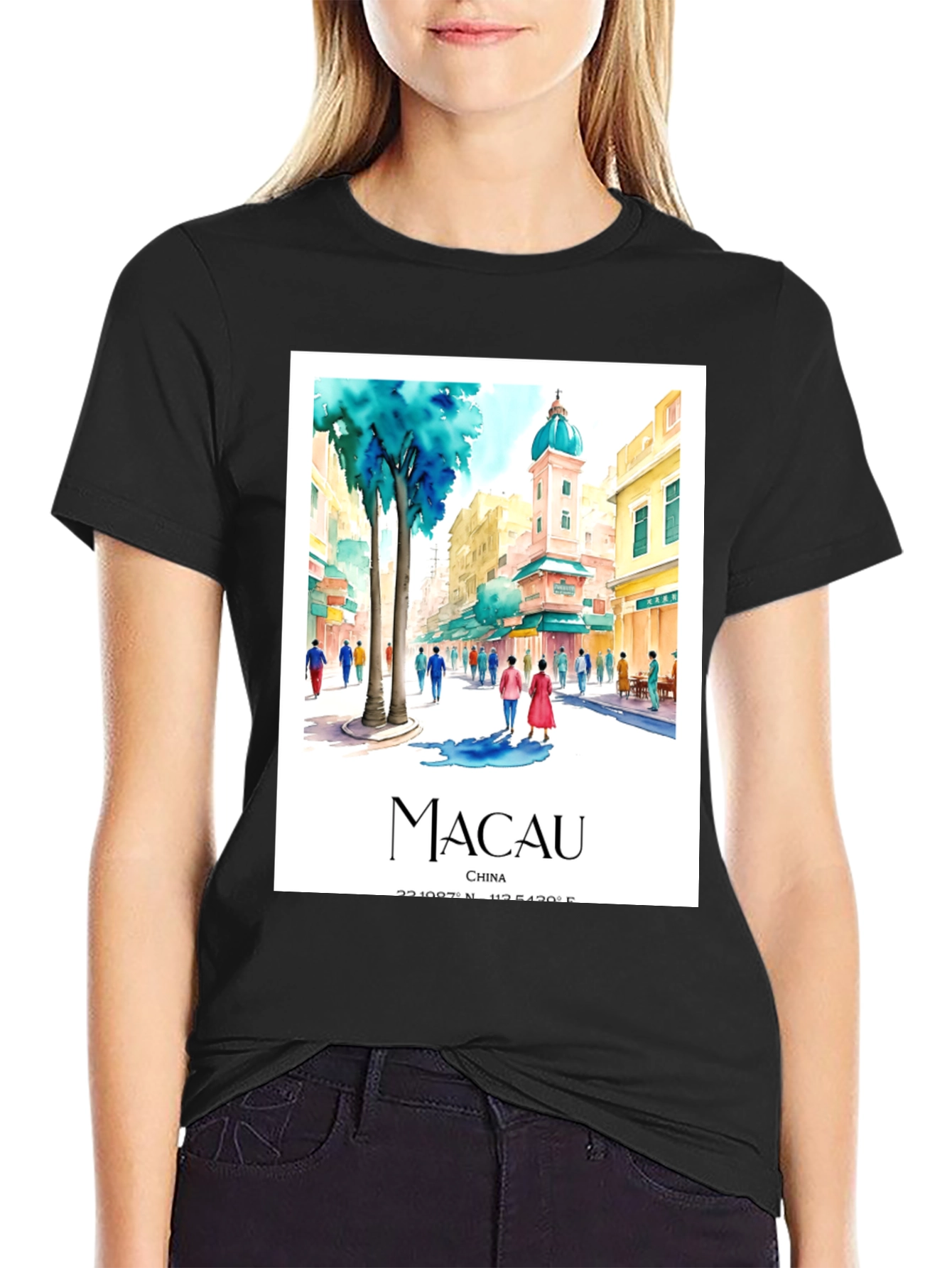Macau China Watercolor Art Mens T-Shirt