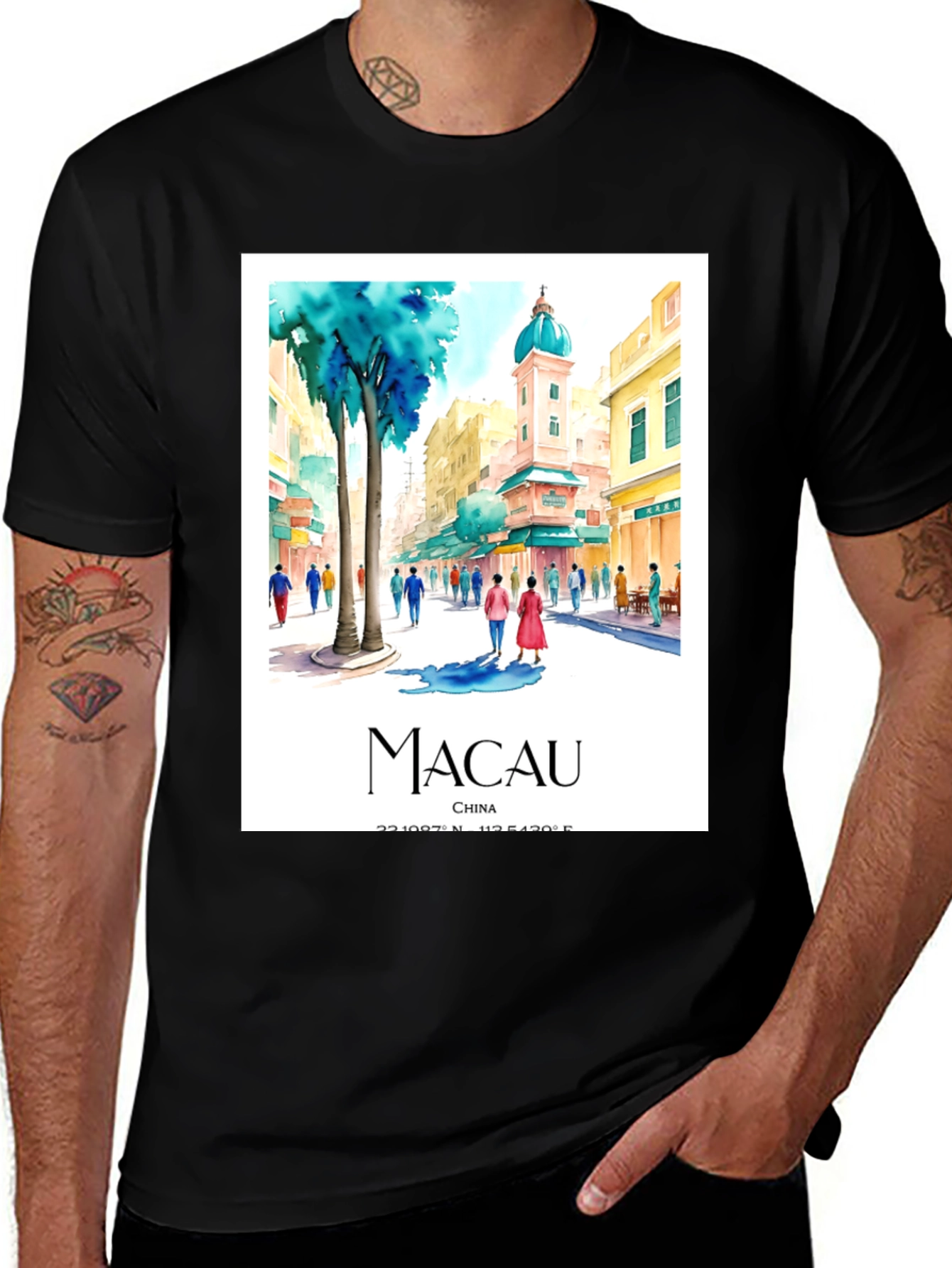 Macau China Watercolor Art Mens T-Shirt