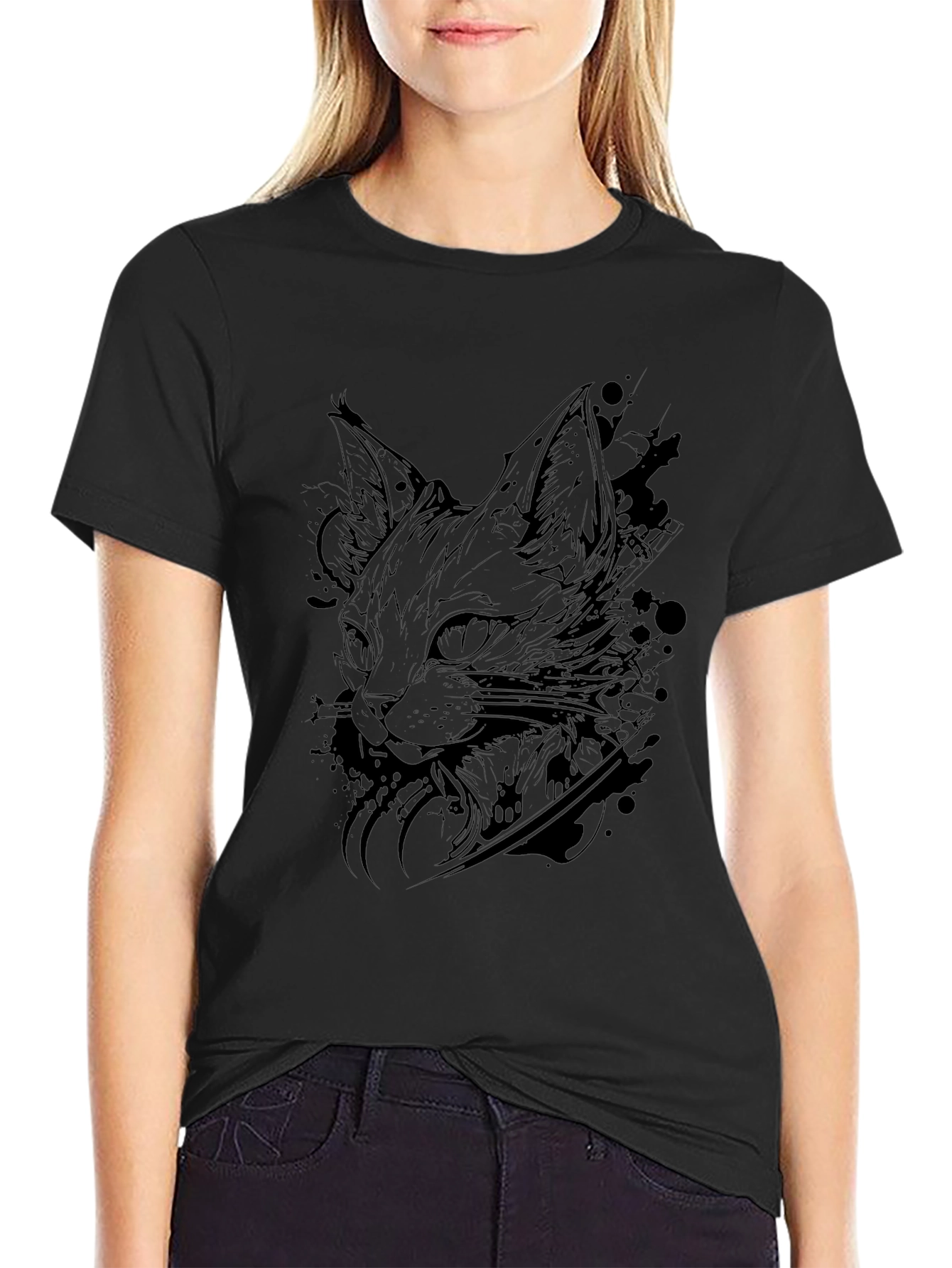 Mens Black Cat Graphic T-Shirt - Artistic Feline Design
