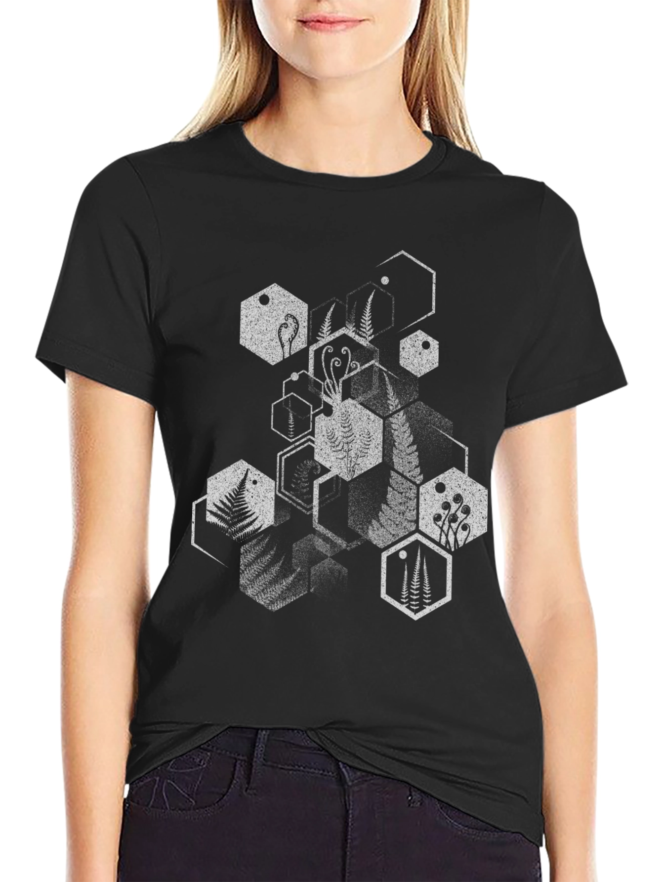 Geometric Fern Print Black T-Shirt