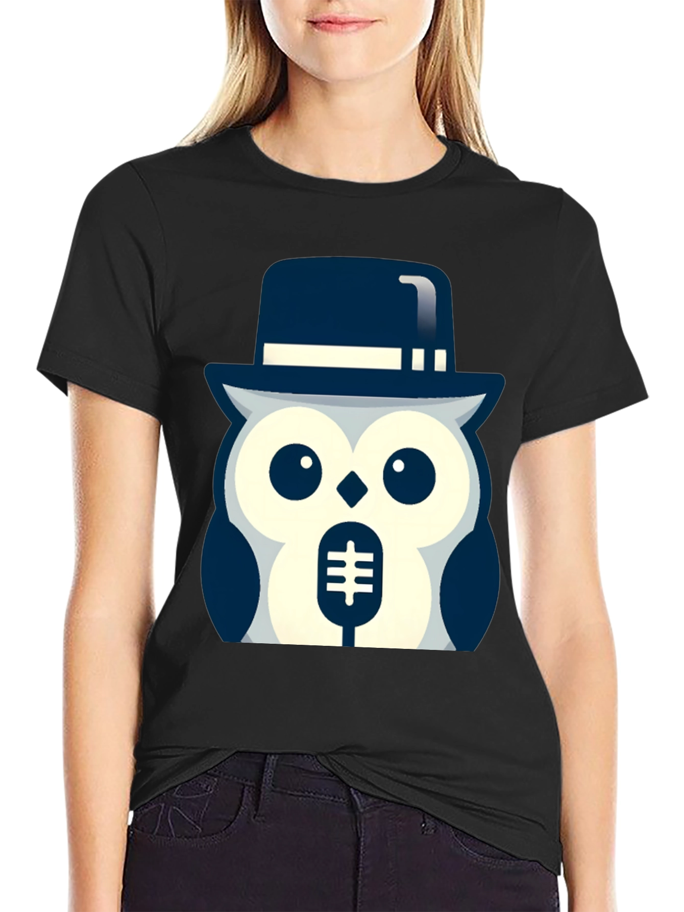 Owl in Hat Graphic T-Shirt - Black