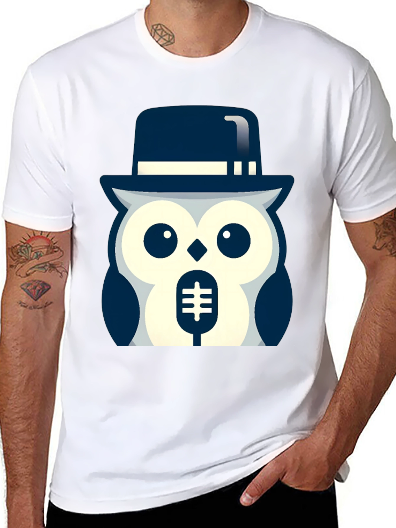 Owl in Hat Graphic T-Shirt - Black