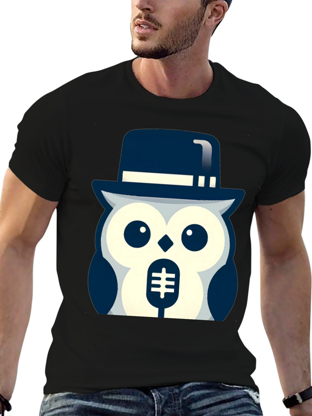 Owl in Hat Graphic T-Shirt - Black