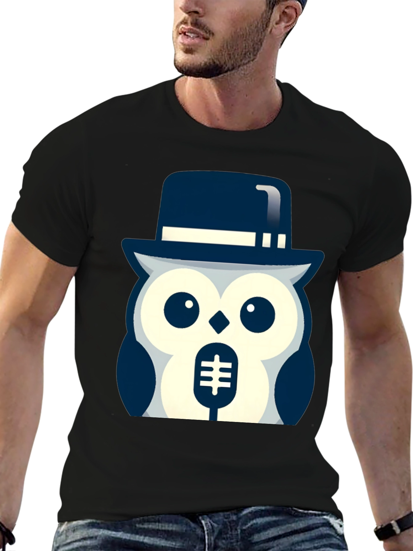 Owl in Hat Graphic T-Shirt - Black