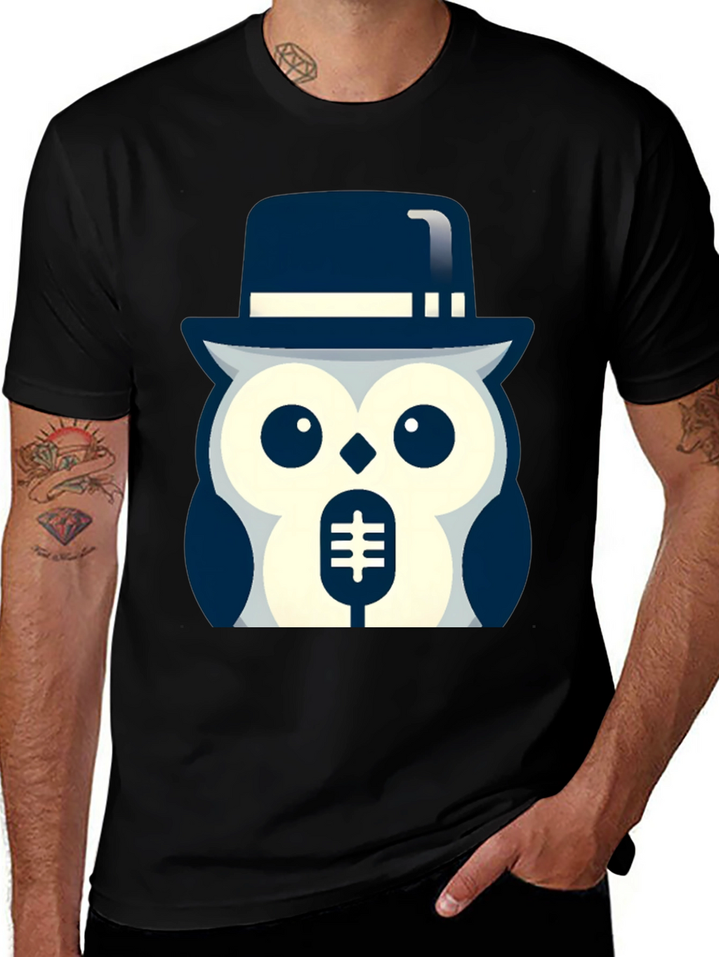 Owl in Hat Graphic T-Shirt - Black