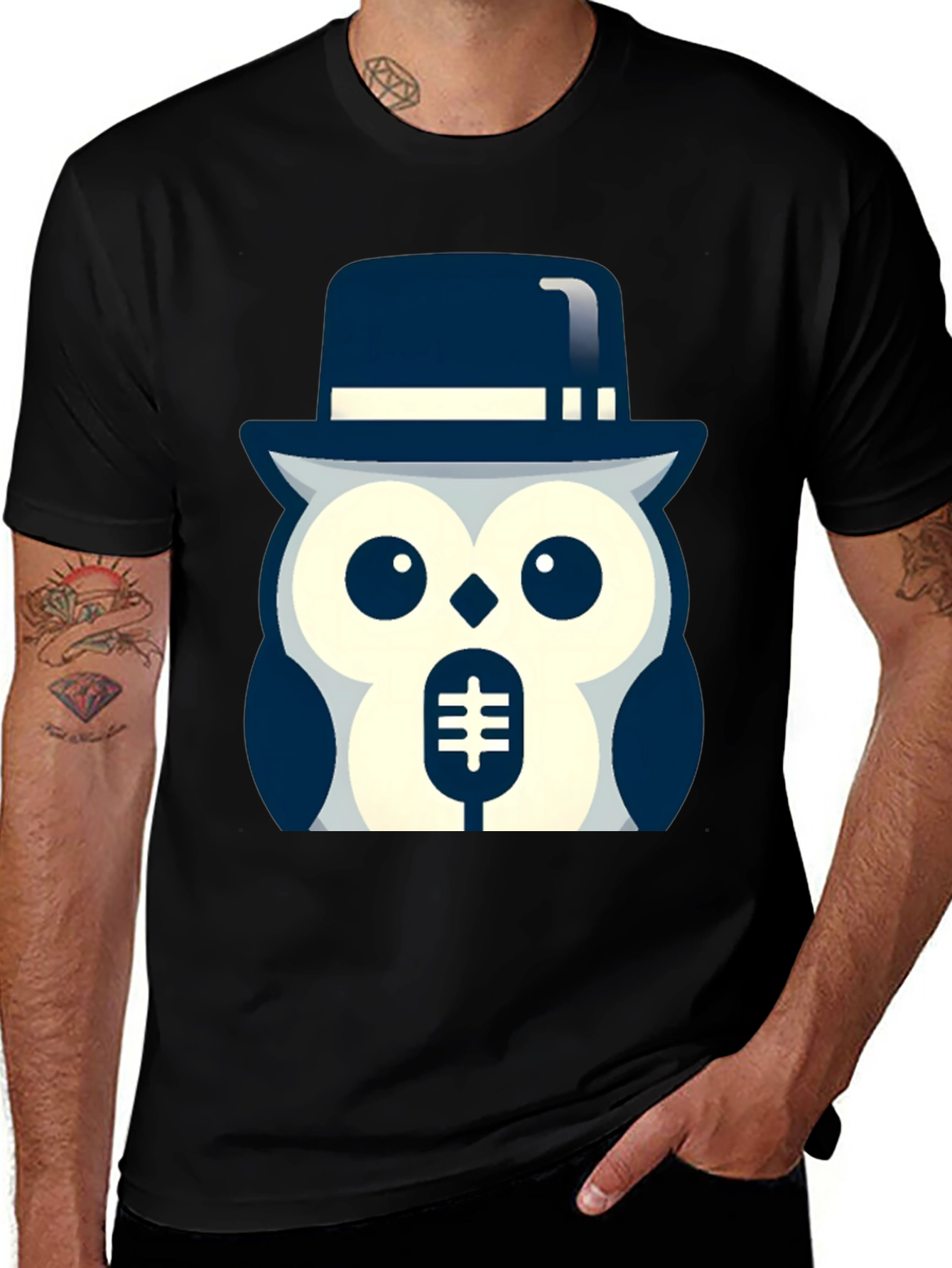 Owl in Hat Graphic T-Shirt - Black