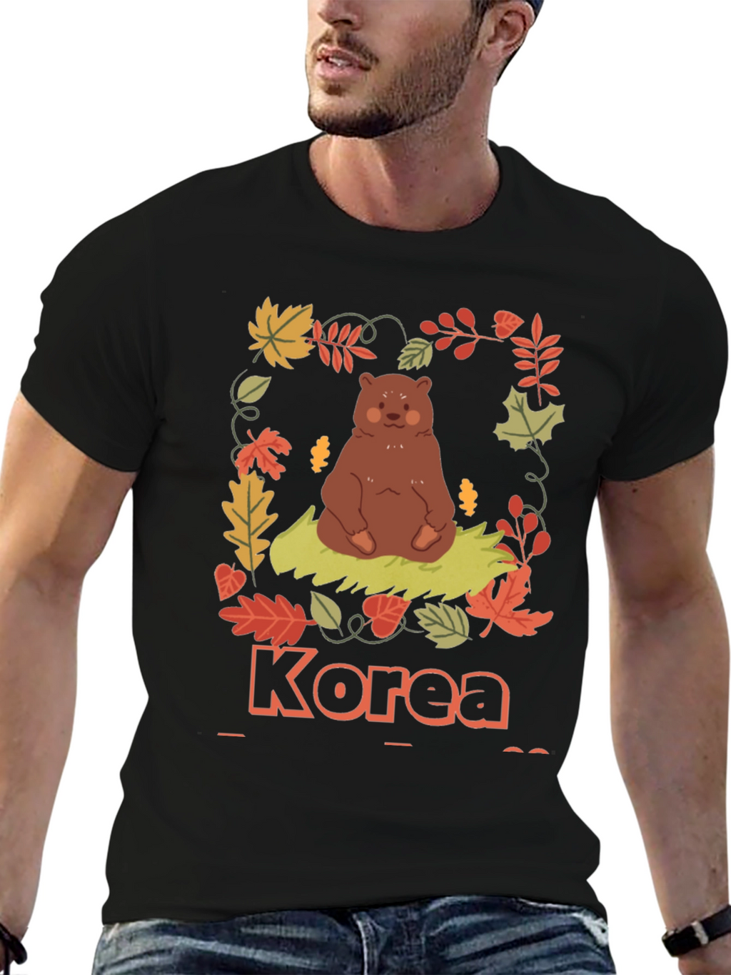 Korea Bear Fall Leaves Black T-Shirt
