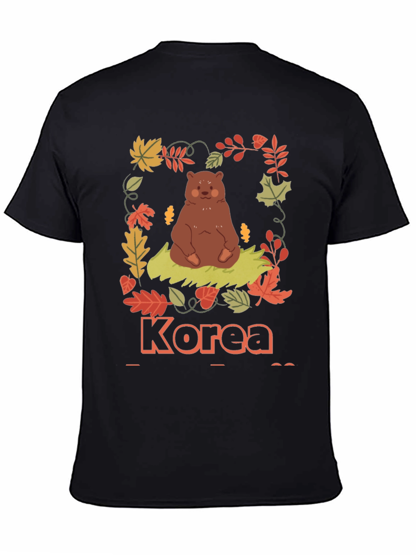 Korea Bear Fall Leaves Black T-Shirt