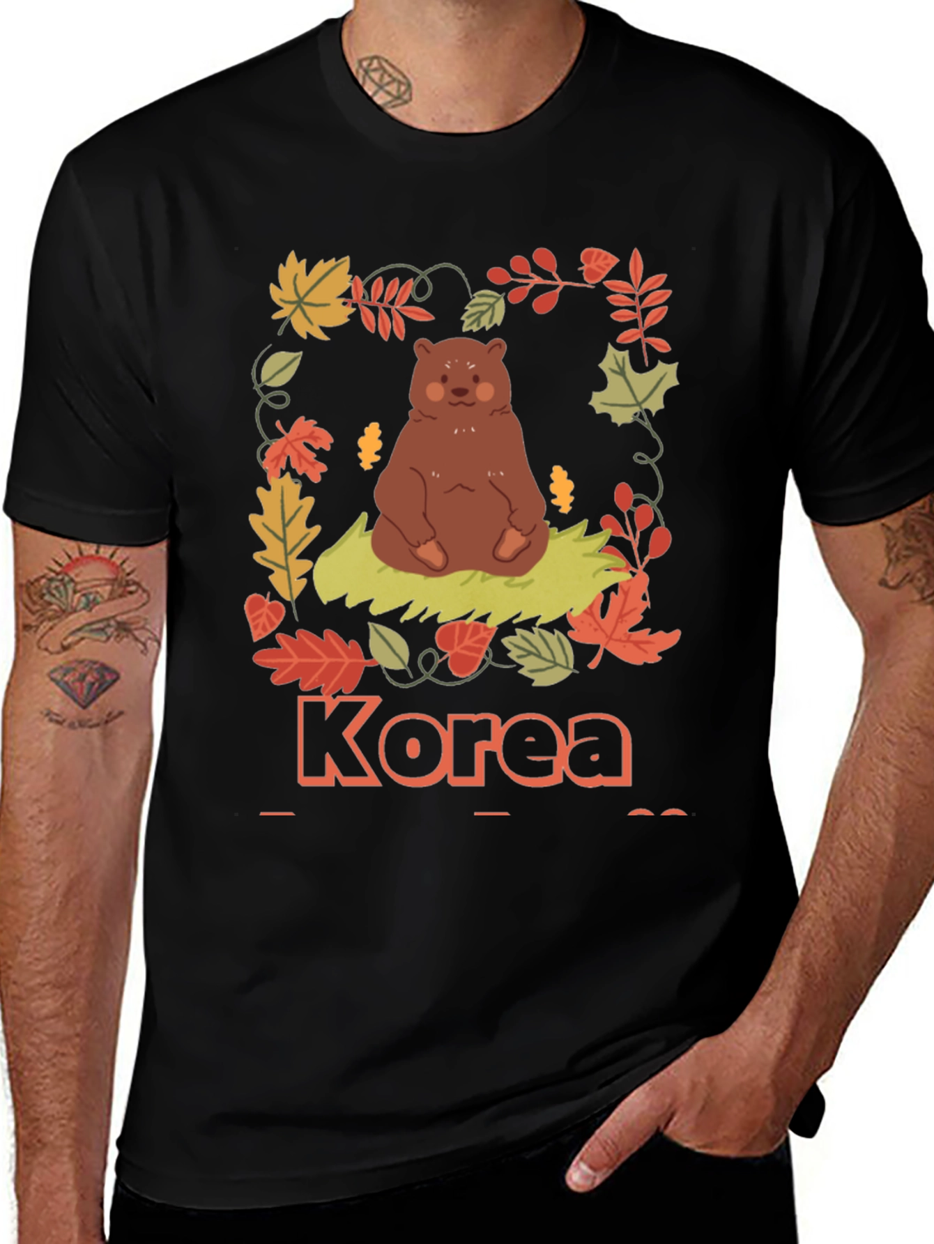 Korea Bear Fall Leaves Black T-Shirt