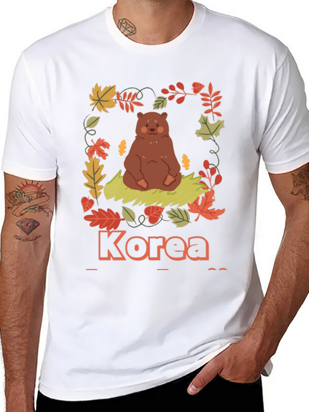 Korea Bear Fall Leaves Black T-Shirt