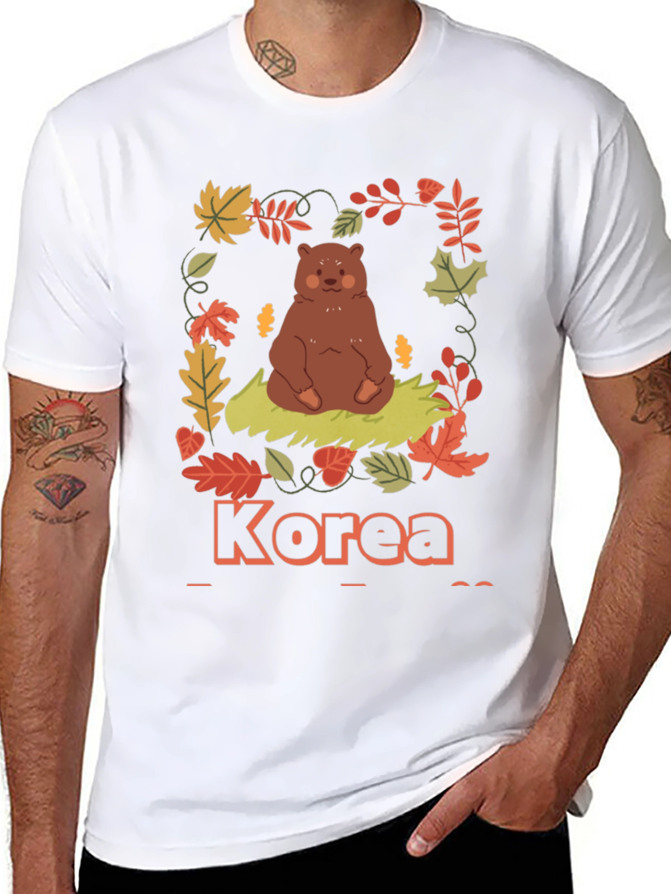Korea Bear Fall Leaves Black T-Shirt
