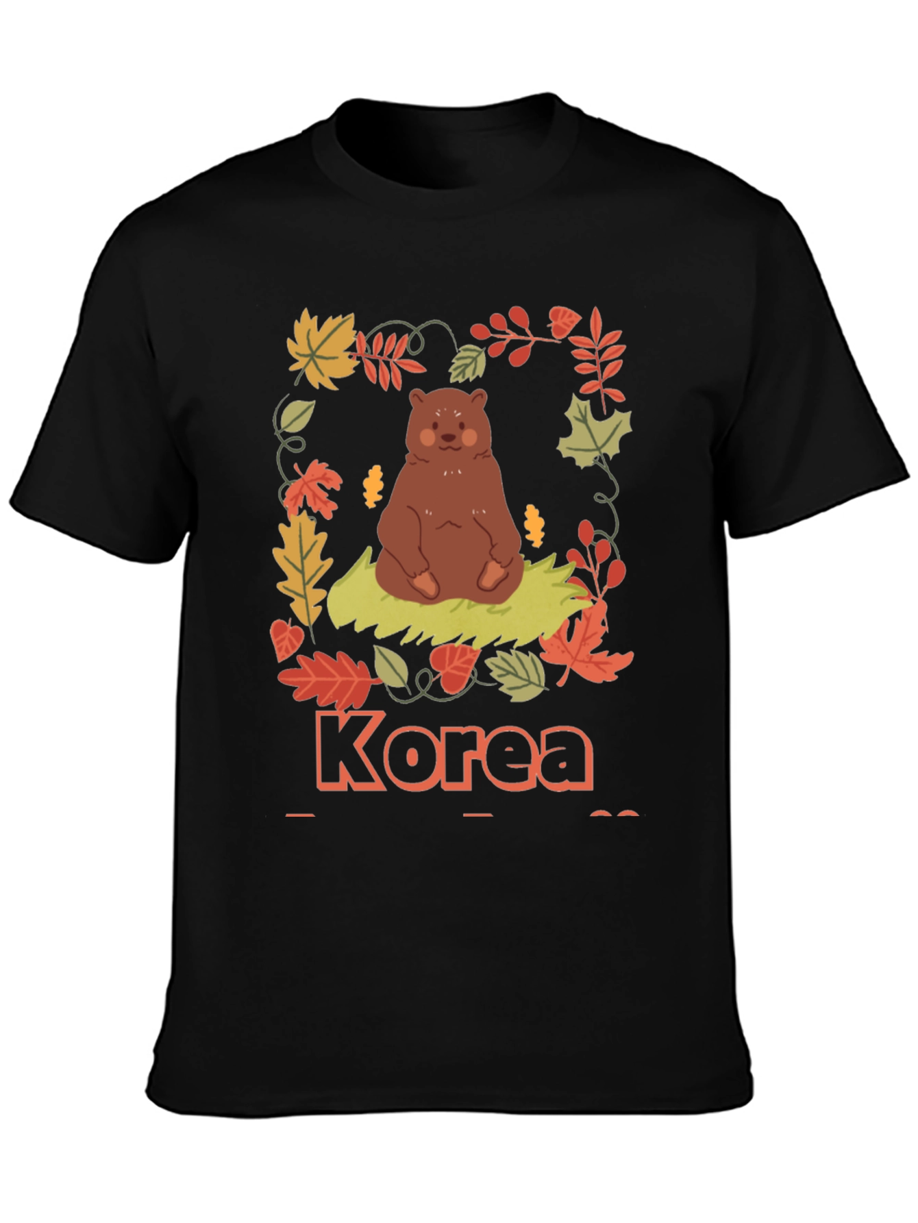 Korea Bear Fall Leaves Black T-Shirt