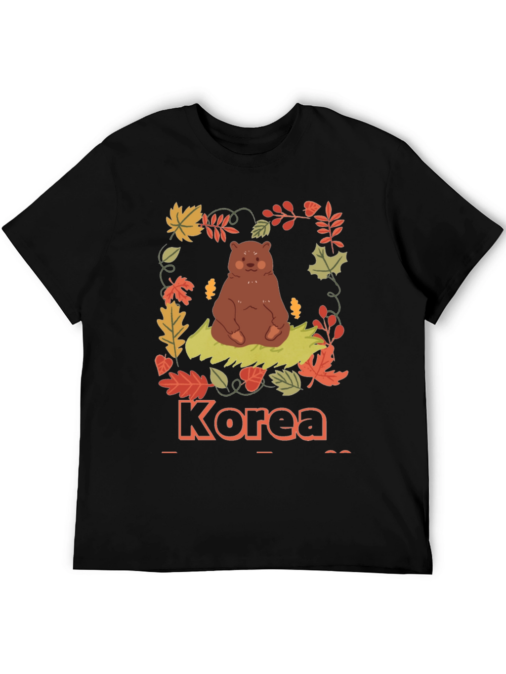 Korea Bear Fall Leaves Black T-Shirt