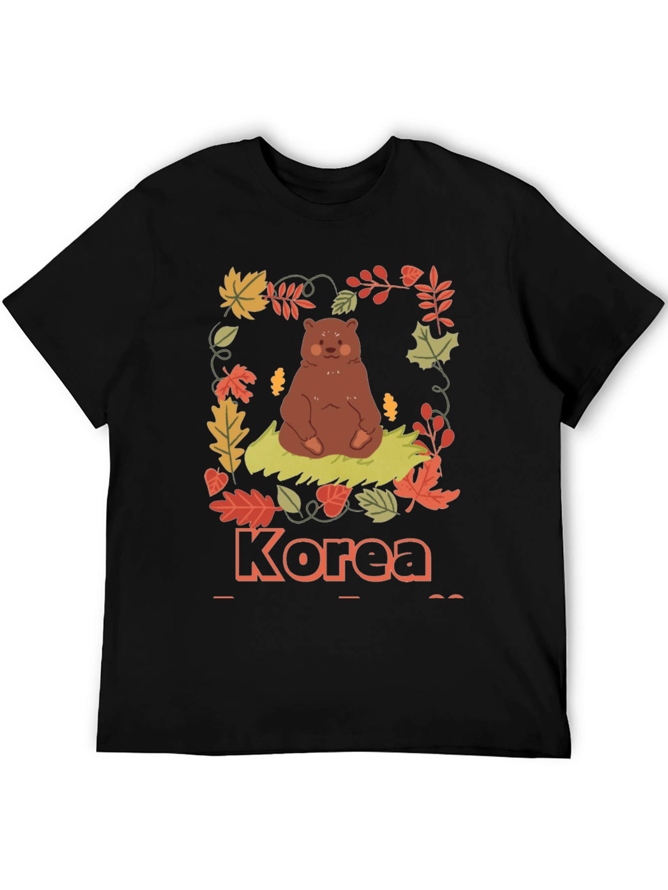 Korea Bear Fall Leaves Black T-Shirt