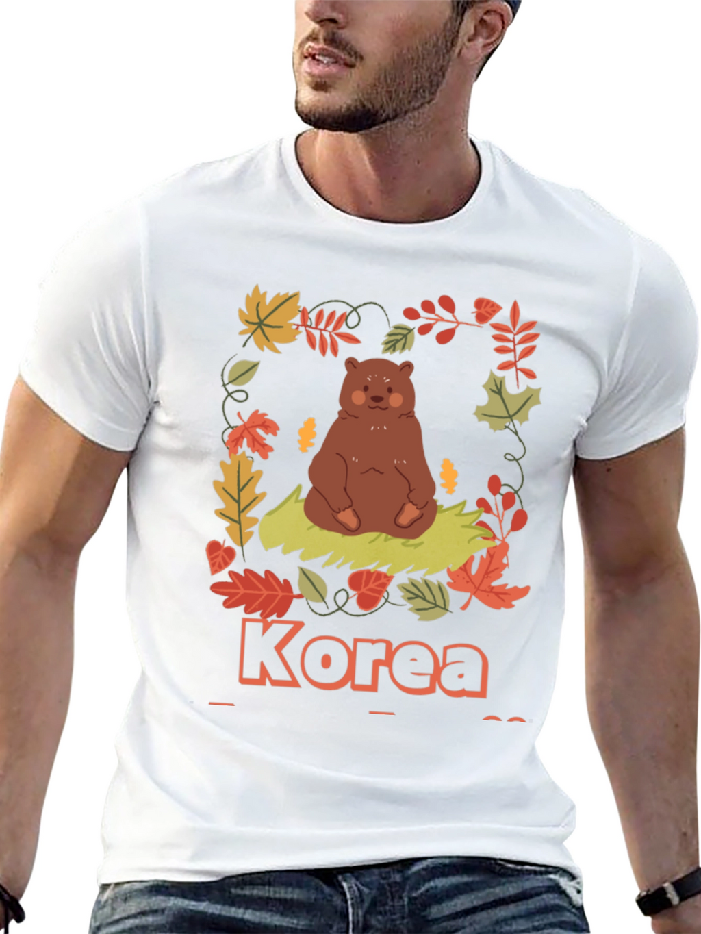 Korea Bear Fall Leaves Black T-Shirt
