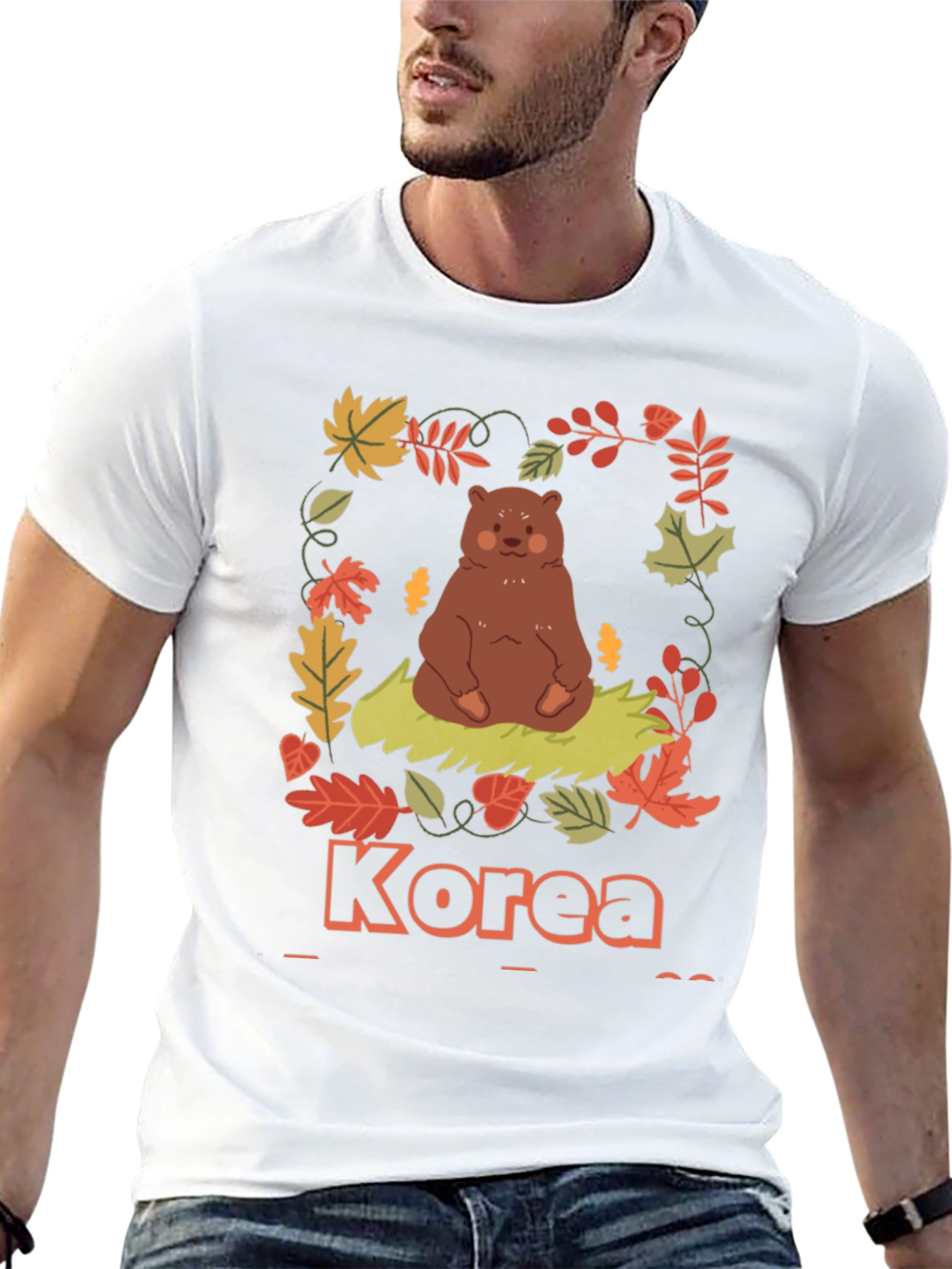 Korea Bear Fall Leaves Black T-Shirt