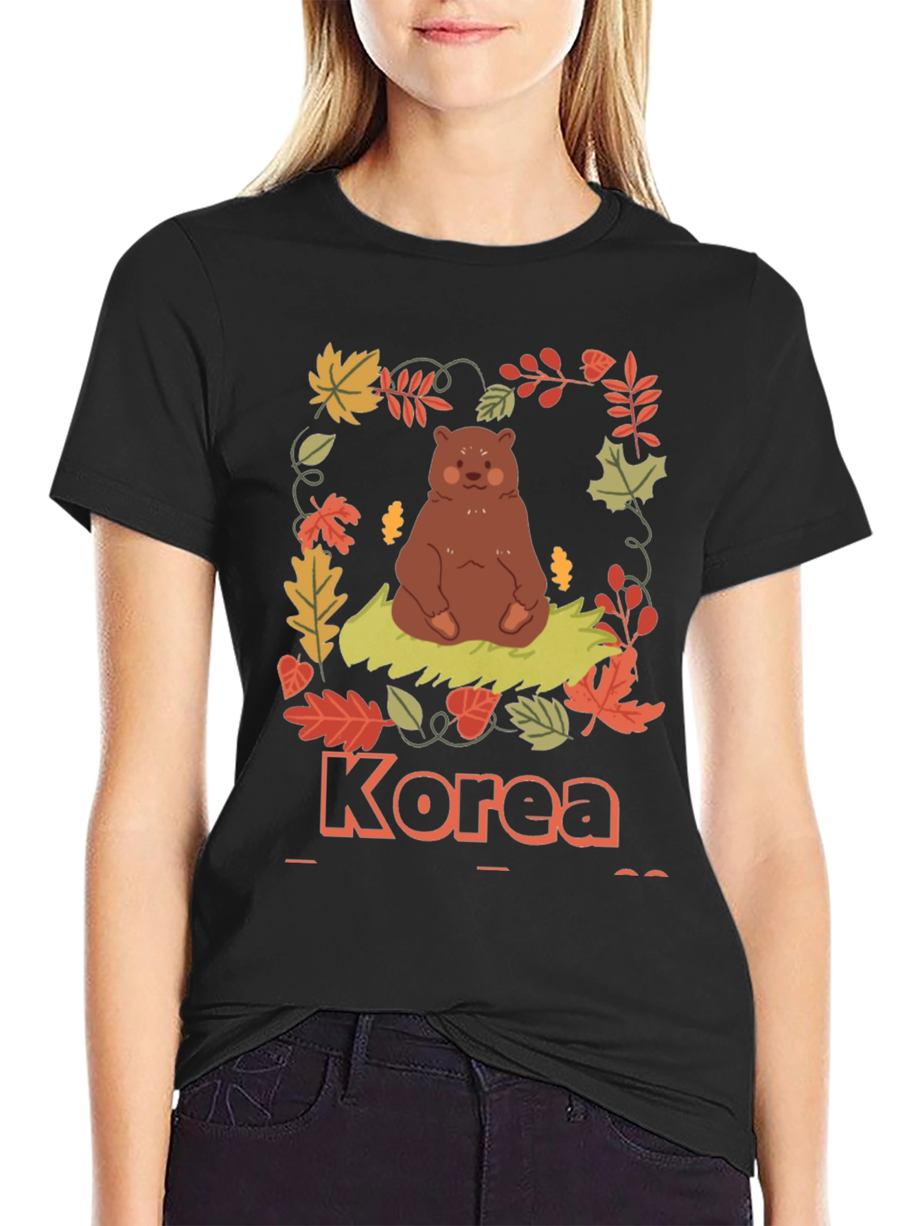 Korea Bear Fall Leaves Black T-Shirt