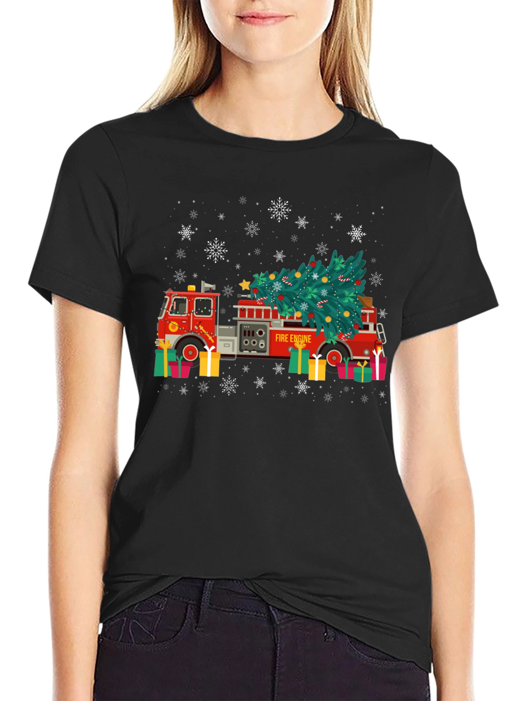 Festive Fire Engine Christmas Tree Graphic Tee