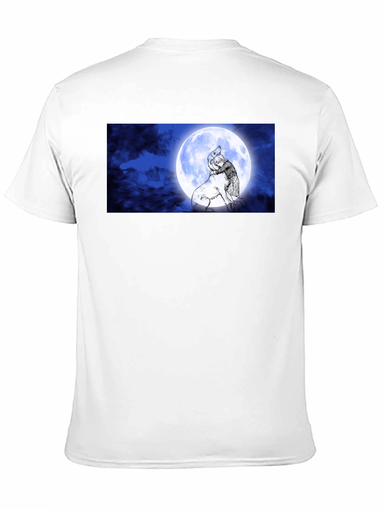 Moonlit Embrace T-Shirt: Man & Wolf Design