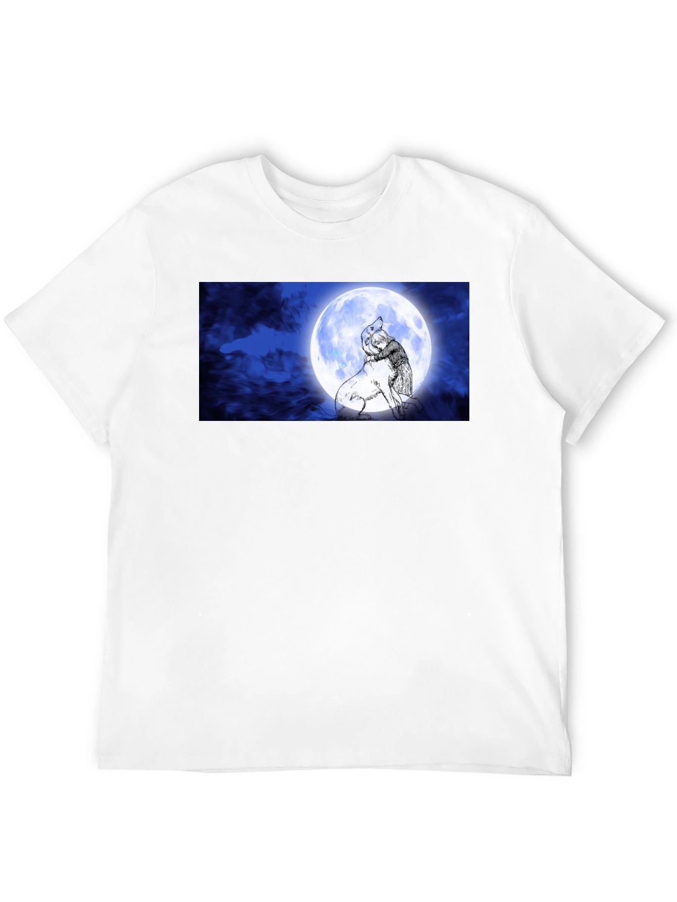 Moonlit Embrace T-Shirt: Man & Wolf Design