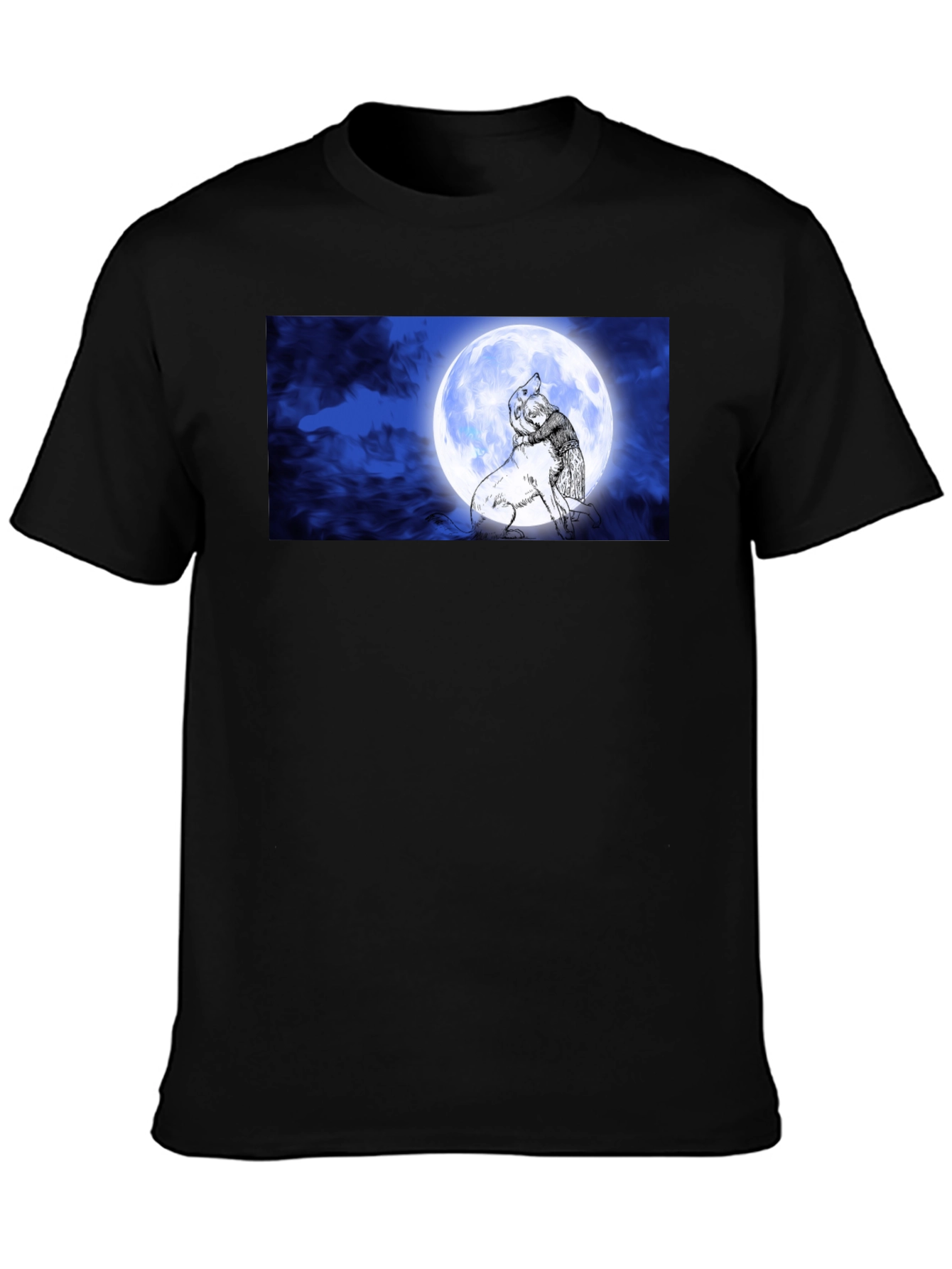 Moonlit Embrace T-Shirt: Man & Wolf Design